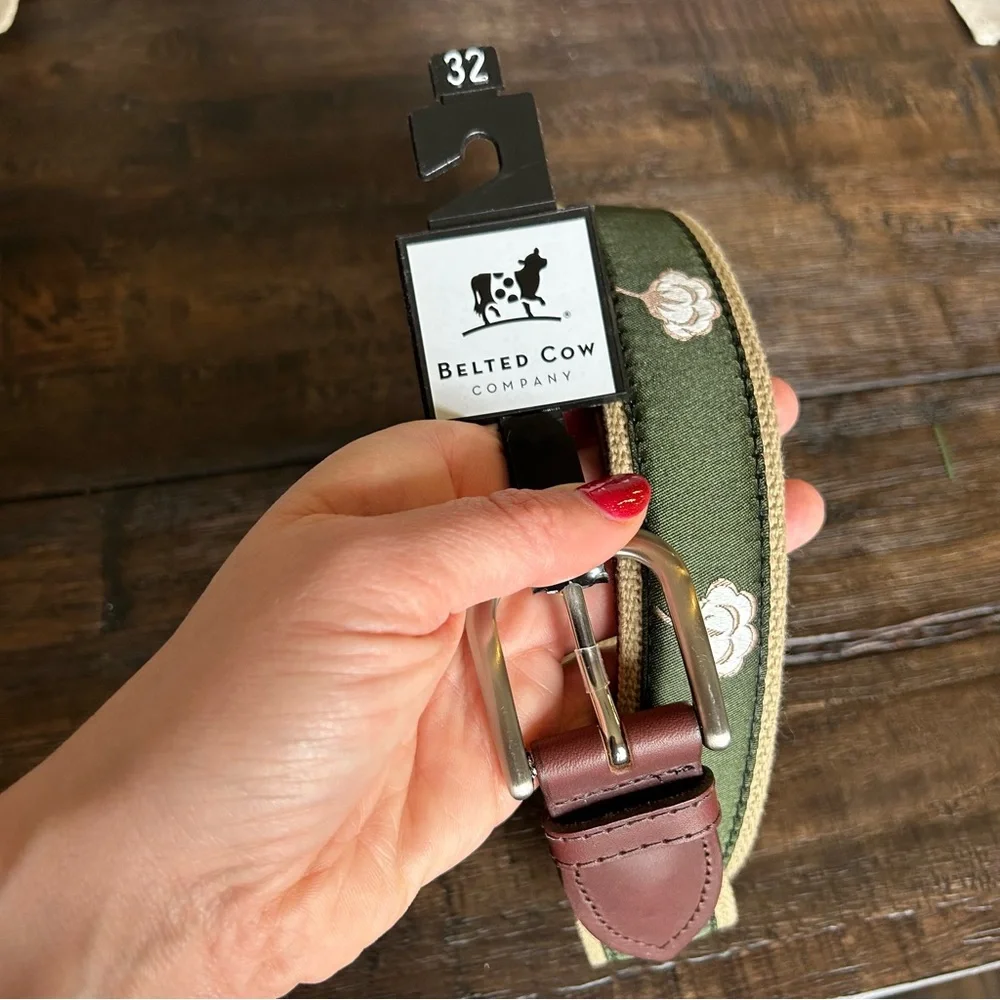 Belted Cow Company Green Cotton Leather Belt Size 32 NWT